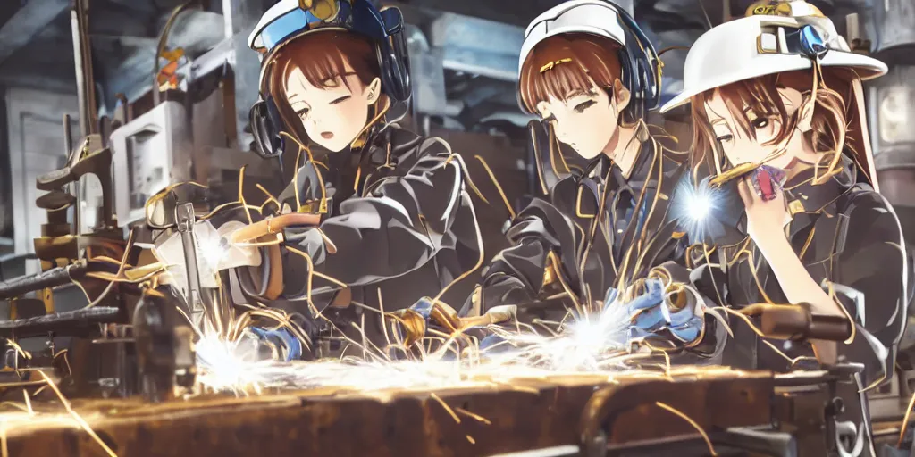 Image similar to Anime key visual of a steampunk girl welding metal in her workshop, official media
