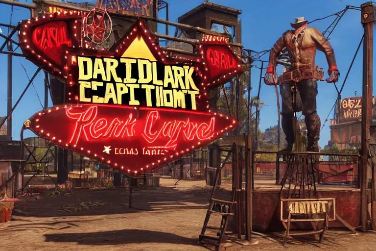 Prompt: 3d sculpt of an arched ironwork sign for a circus called 'the dark metal carnival', red dead redemption2, las vegas, artstaton, digital illustration