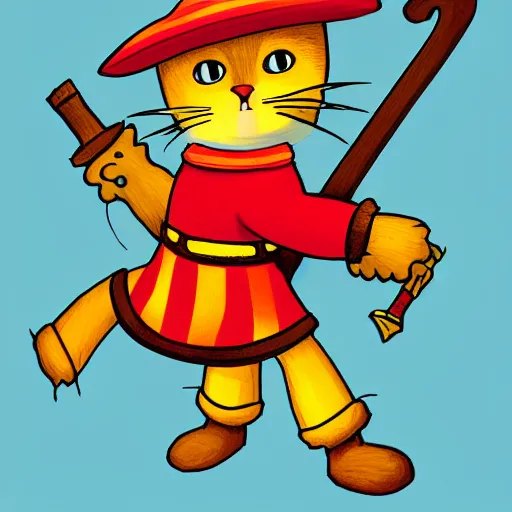 Image similar to illustration of Huckle Cat with a sword in the style of Richard Scarry