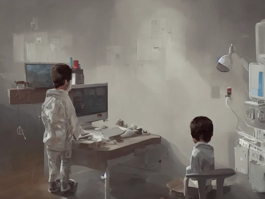 Image similar to a portrait of single smart child in a white coat in front of a computer and screens in a painting from stalenhag, 4 k, 8 k, hdr, artstation