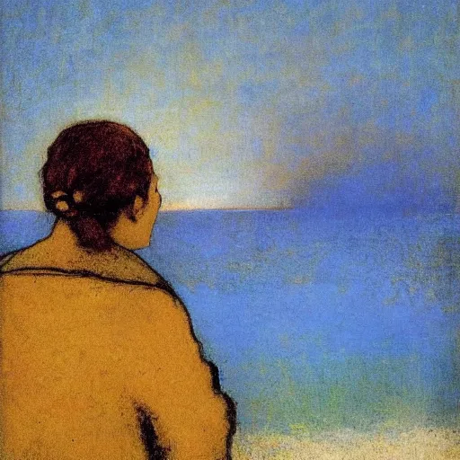 Image similar to a woman and her black and brown chihuahua looking out to sea by odilon redon