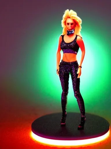 Prompt: a resin miniature of Britney Spears wearing a light green sequined crop top, matte black pants, and crimped hair in Warhammer, miniature product photo, full body, on textured disc base, 4K, HD, orange neon backlighting