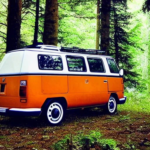 Image similar to a 1 9 8 0 s volkswagon camper van in a forest of towering evergreen trees, in the style of studio ghibli