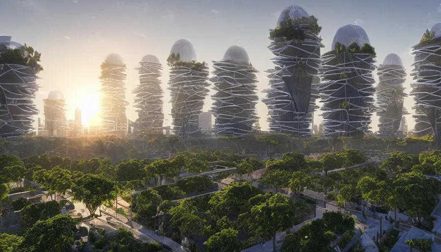 Sunrise over solarpunk city, vines, many trees and, Stable Diffusion