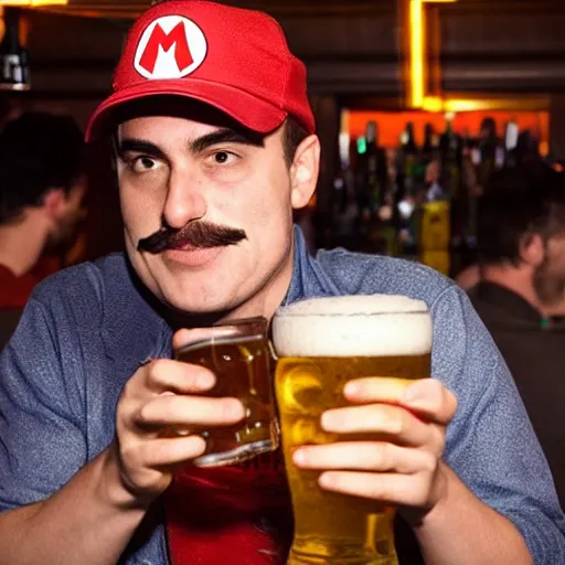 Image similar to Mario drunk and drinking beer in a bar at night