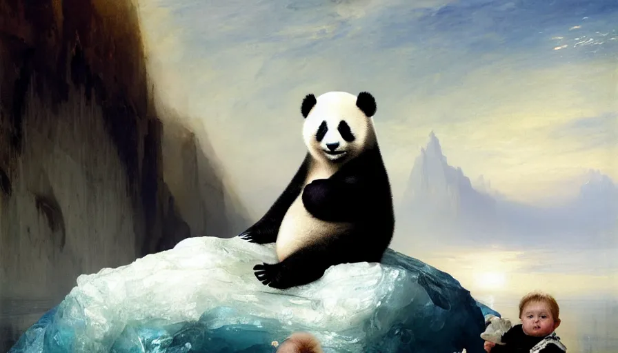 Prompt: highly detailed painting of a standing humanoid creature thats half human male man and half cute baby white furry seal panda hybrid on a blue and white iceberg by william turner, by greg rutkowski, by william constable, thick brush strokes and visible paint layers, 4 k resolution