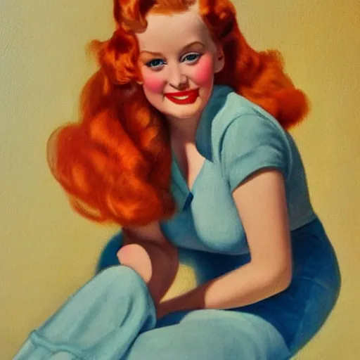 Prompt: pinup girl, cartoon, soft orange hair, beautiful, romantic, fair skin, 1 9 4 0's, normal rockwell, oil painting