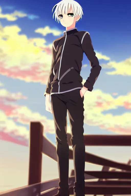 Image similar to anime art full body portrait character concept art, anime key visual of young male warror, platinum blonde straight bangs and large eyes, finely detailed perfect face delicate features directed gaze, standing on a bridge during sunset, trending on pixiv fanbox, studio ghibli, extremely high quality artwork