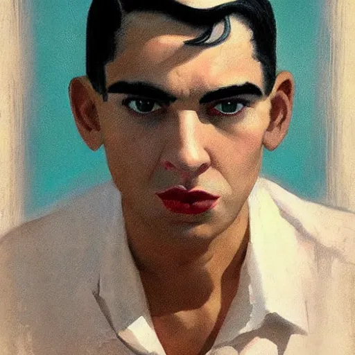 Image similar to a fine art portrait of a man with black hair that is shorter on the sides, wonky eyebrows that are different sizes. Bags under his eyes. In the style of Stanley Kubrick and Wes Anderson, Art directed by Edward Hopper.