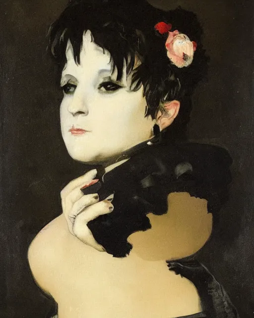 Image similar to A goth portrait painted by Francisco Goya. Her hair is dark brown and cut into a short, messy pixie cut. She has a slightly rounded face, with a pointed chin, large entirely-black eyes, and a small nose. She is wearing a black tank top, a black leather jacket, a black knee-length skirt, a black choker, and black leather boots.