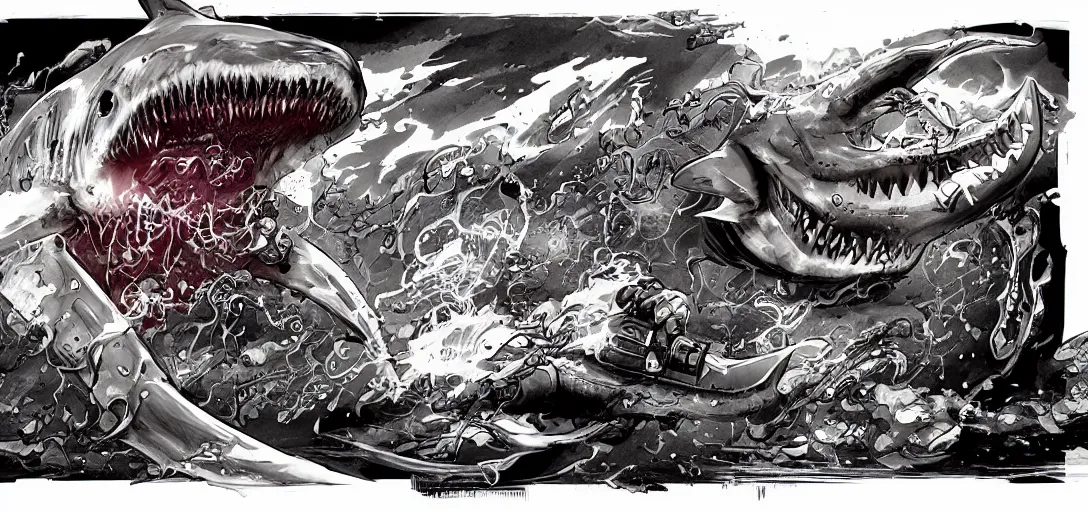 Image similar to concept art of shark attack, lovecraftian, lots of teeth, melting horror, fighting the horrors of the unknown with laser guns