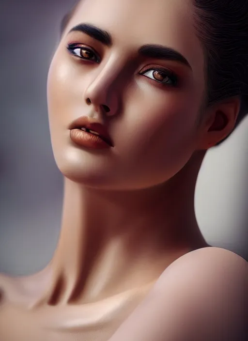 Image similar to high angle photo of a gorgeous young woman in the style of stefan kostic, realistic skin texture, 1 / 2 body crop, 8 5 mm art lens, f 1. 2, sharp focus, 8 k high definition, insanely detailed, intricate, elegant, art by stanley lau and artgerm