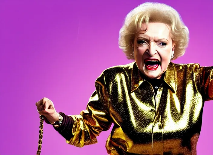 Image similar to publicity photo still of betty white as a gangsta rapper covered in gold chains, with grills in teeth and wearing a jumpsuit live on stage, 8 k, live concert lighting, mid shot