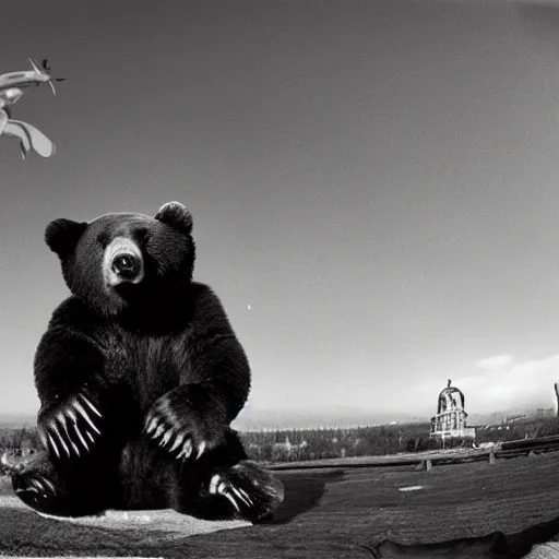 Prompt: putin on a bear, fish eye, atomic bomb in background