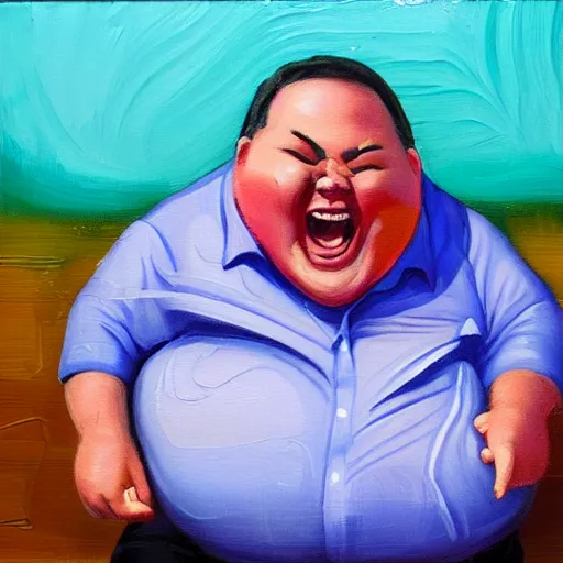 Prompt: happy fat man in a hawaiian shirt, skateboarding, oil on canvas