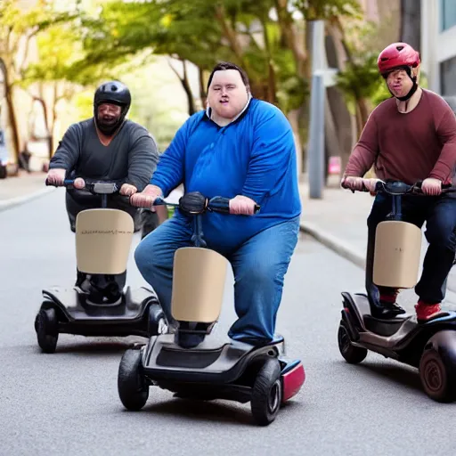 Prompt: three young extremely overweight man with down syndrome on an electric scooter