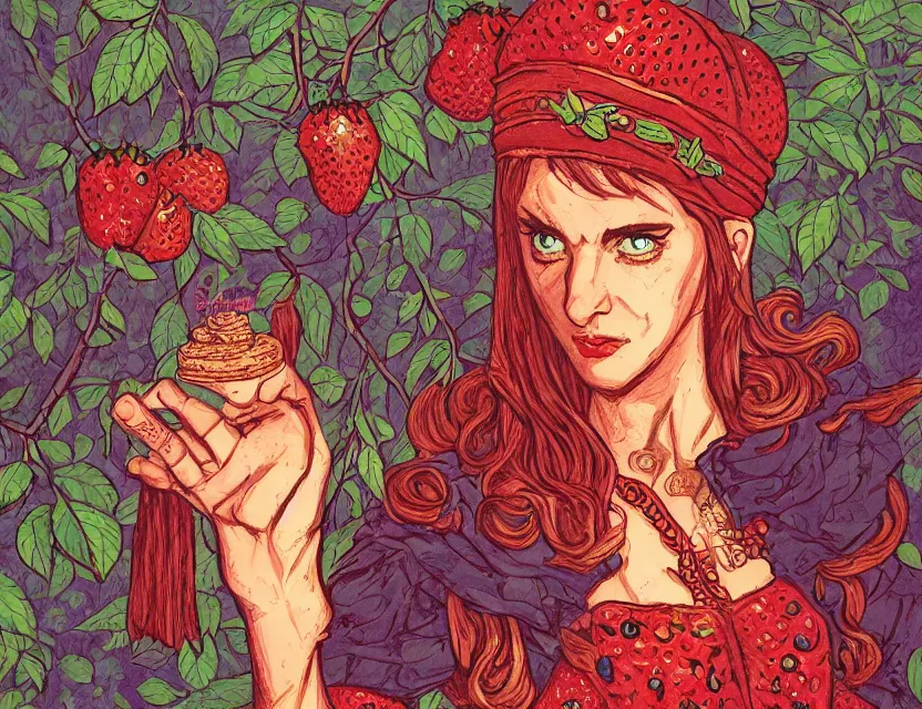 Prompt: berry priestess of the waffle mountains. gouache by award - winning comic book artist, chiaroscuro, intricate details, bokeh, backlighting, field of depth, safe for work