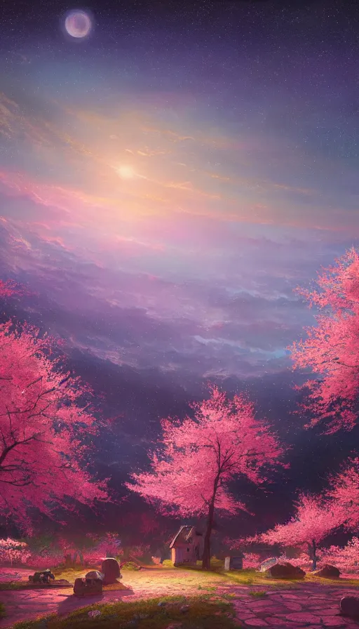 Prompt: A beautiful painting,An expansive view of,In the center of the valley,Starry sky,Cherry blossomo,Bright style,Summer,Light effect,High-definition picture,Zbrush central,Beeple,Fitz henry lane,artstation