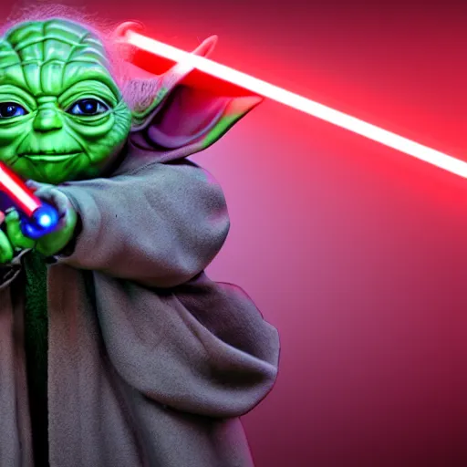 Image similar to Yoda holding a red light saber, 4k, 8k