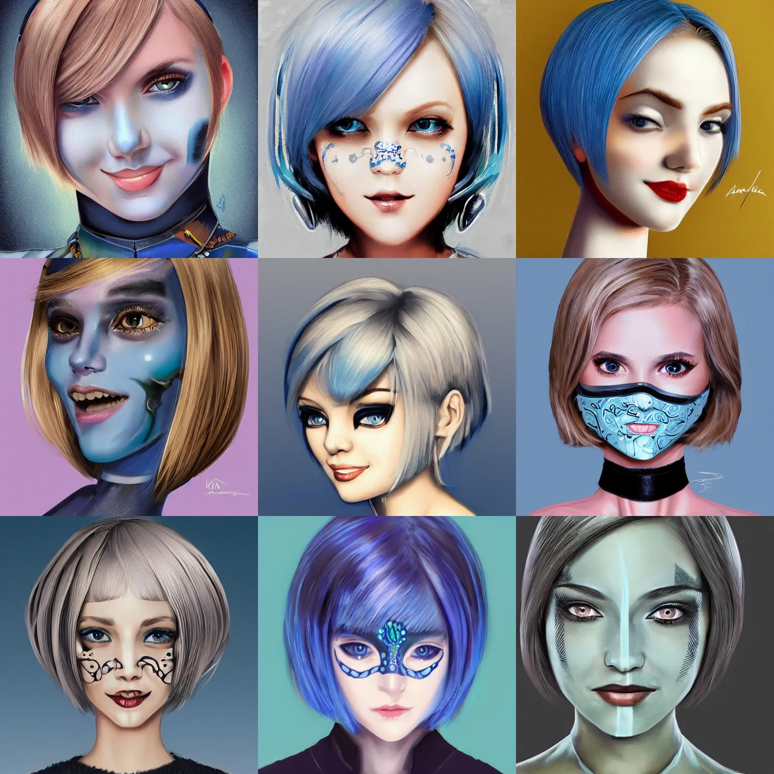Prompt: android robot girl face painting, black facemask, blond bob haircut, beautiful detailed blue eyes, looking straight to camera, muted colors, matte print, pastel colors, ornate, digital art, cute smile, digital painting, fan art, elegant, pixiv, by Ilya Kuvshinov, by artgerm