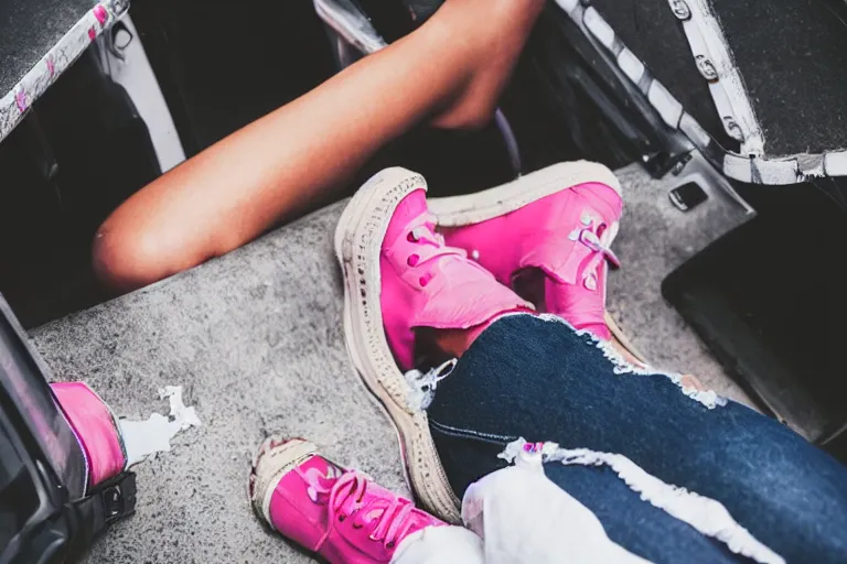 Image similar to First person view of someone laying in an ambulance with ripped jeans and pink shoes