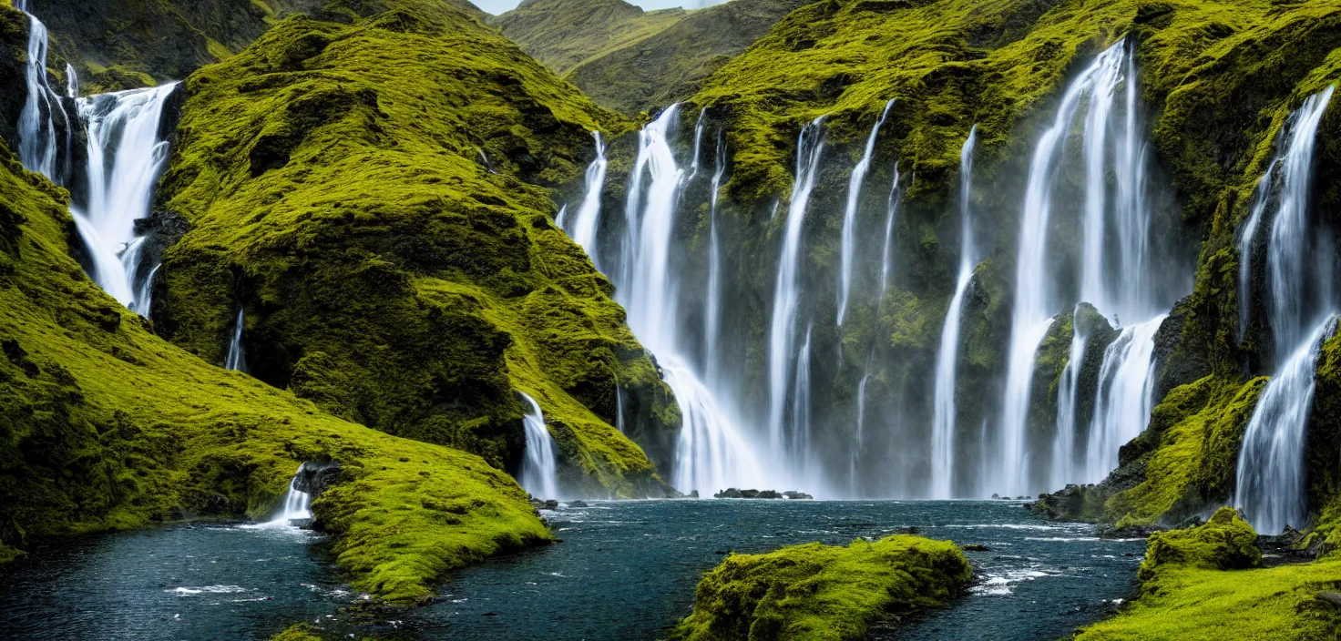 Image similar to a waterfall in the middle of a mountain range, a detailed matte painting by hallsteinn sigurðsson, shutterstock contest winner, naturalism, uhd image, creative commons attribution, photo taken with ektachrome