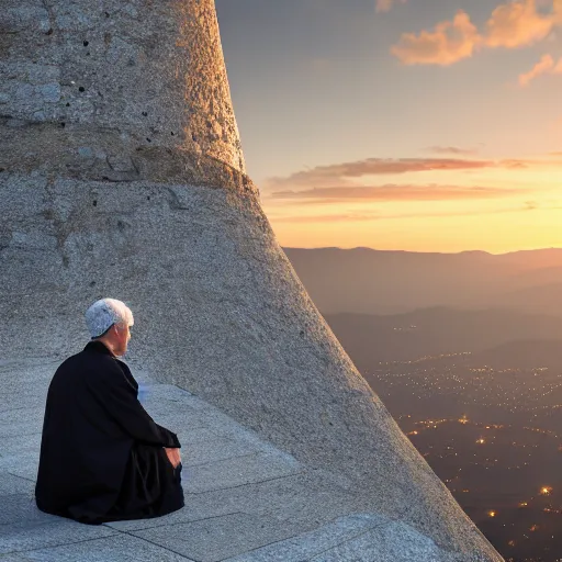 Image similar to An old and friendly looking catholic priest kneeled in prayer at the summit of a tall tower. The night sky is filled with a yellow shadow. 4K, photorealistic, dramatic lighting