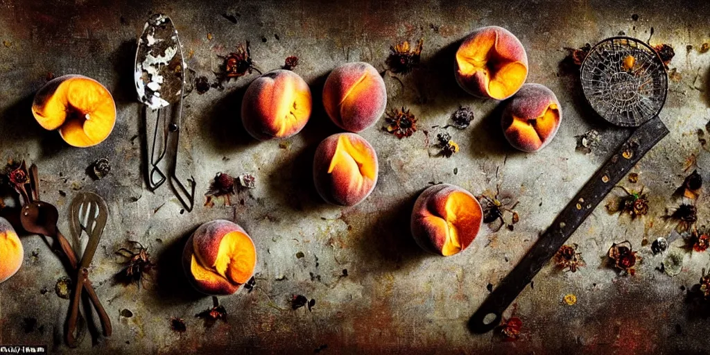 Prompt: decaying rotting peaches, moldy, on an antique distressed table top, dried flowers, metal kitchen utensils, old kitchen backdrop, dark kitchen, style by peter lippmann, intricate detail,