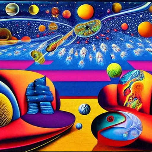 Prompt: psychedelic trippy couch in background in space, planets, milky way, sofa, cartoon by rob gonsalves and salvador dali