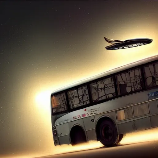 Prompt: realistic render portrait of an bus flying through space, money is flying out of the bus' windows, intricate, dystopian, sci-fi, extremely detailed, digital painting, sculpted in zbrush, artstation, concept art, smooth, sharp focus, illustration, chiaroscuro lighting, golden ratio, incredible art by artgerm and greg rutkowski and alphonse mucha and simon stalenhag