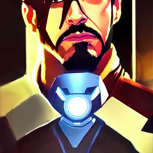 Image similar to greg manchess portrait painting of tony stark as overwatch character, totally whack, medium shot, asymmetrical, profile picture, organic painting, sunny day, matte painting, bold shapes, hard edges, street art, trending on artstation, by huang guangjian and gil elvgren and sachin teng