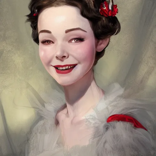 Image similar to vivien leigh smiling as snow white, au naturel, hyper detailed, digital art, trending in artstation, cinematic lighting, studio quality, smooth render, unreal engine 5 rendered, octane rendered, art style by klimt and nixeu and ian sprigger and wlop and krenz cushart