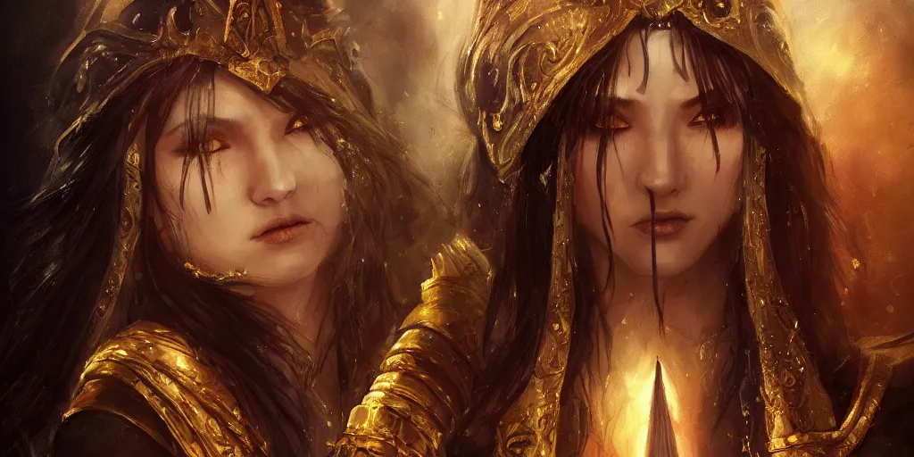 Prompt: a young priestess with long black hair weavering golden string of magic, barroque painting, ultra realistic. cinematic, dynamic. magic the gathering style. epic fantasy, insanely detailed, 4k, symmetrical face, rpg character reference. cinematic light