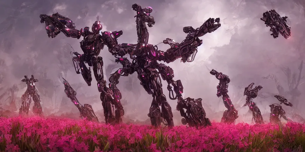 Prompt: a female saints as daffodils made of mecha is flying in the fantasy forest by merriam, daniel, intricate mechanical details, futuristic, 2 k aesthetic, dramatic lighting, concept art, 4 k, 3 d octane render, pink and red colors, provenance, detailed, trending on artstation