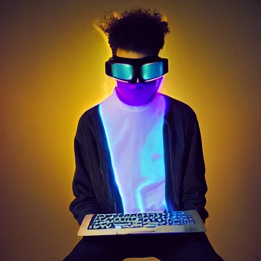 Prompt: kodak portra 4 0 0 photograph of a skinny goth nerd sitting in front of computer screen with face lit up, wearing goggles, moody lighting, telephoto, 9 0 s vibe, blurry background, vaporwave colors, faded!,