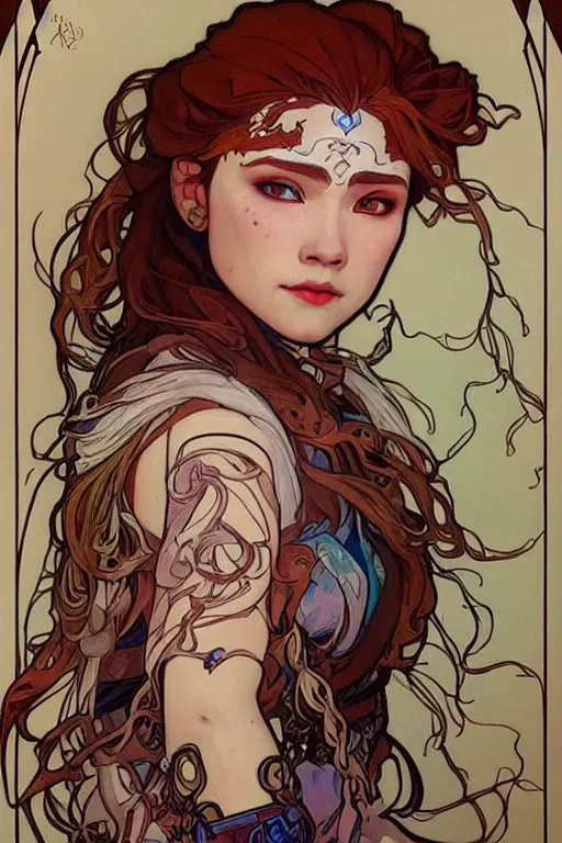 Image similar to beautiful art - nouveau portrait painting of aloy!!!, aloy!!!, artstation, horizon zero dawn!!!, art by mucha, detailed, fine line work, face paint