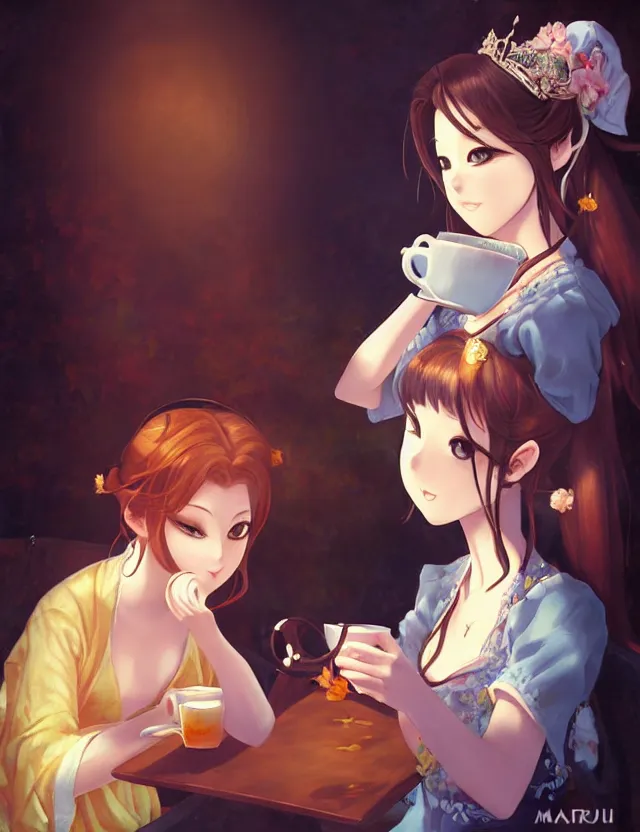 Prompt: unattractive princess drinking tea. oil painting by award - winning mangaka. backlighting, chiaroscuro, depth of field, luminescent colors.