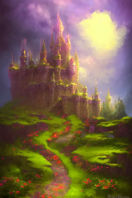 Prompt: fantasy castle flowers and fantasy sky, andreas rocha style