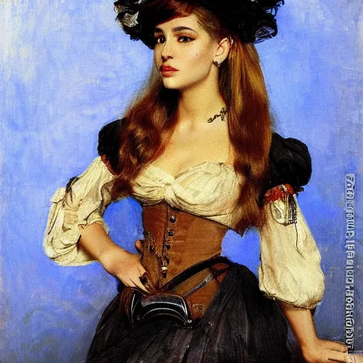 Prompt: Portrait of Ariana Grande in a steampunk blouse, vintage shading, by Ilya Repin