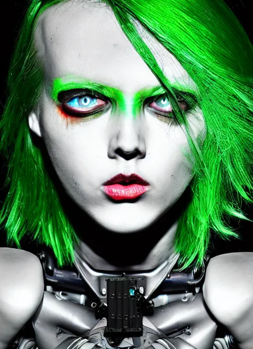 Prompt: dark mythology android cyborg green hair, psycho stupid fuck it insane, looks like cyborg but cant seem to confirm, cinematic lighting, psychedelic photoluminescence experience, various refining methods, micro macro autofocus, ultra definition, award winning photo, to hell with you, devianart craze, photograph taken by michael komarck