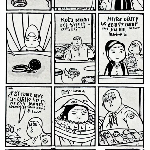 Image similar to your mama is so fat she has her own gravity, comic strip style, pen and ink, anime, ghibli style