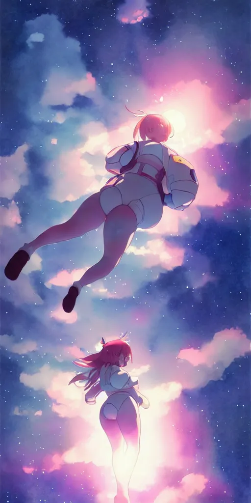 Image similar to oriental water color of a cute thicc astronaut woman, floating through space, backlit, by makoto shinkai and krenz cushart