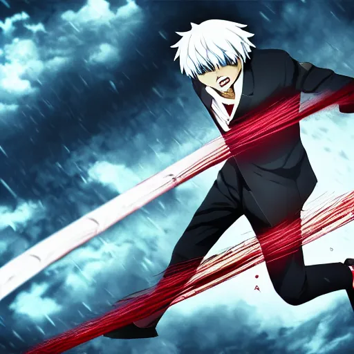 Image similar to kaneki using his centipede kagune to fight jason in tokyo ghoul, still, landscape, hd, dslr, hyper realistic, anime, illustration