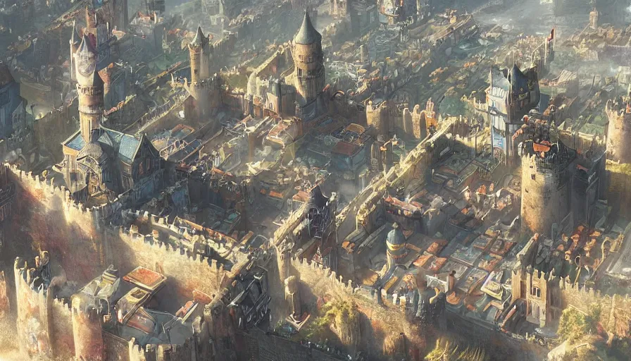 Prompt: fantacy city with a castle, aerial photography, concept art, by artgerm and greg rutkowski, detailed textures