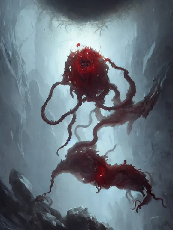 Image similar to painting by greg rutkowski a flying human head with tears running down it's face face that is chalk white in color, with long white!! tentacles!! stemming from it's neck, fiery scorching red eyes, flying in a terrying hellish dark cavernous place