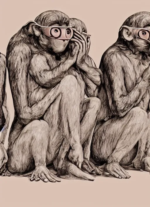 Prompt: three wise monkeys, see no evil, hear no evil, speak no evil, ralph goings, digital art