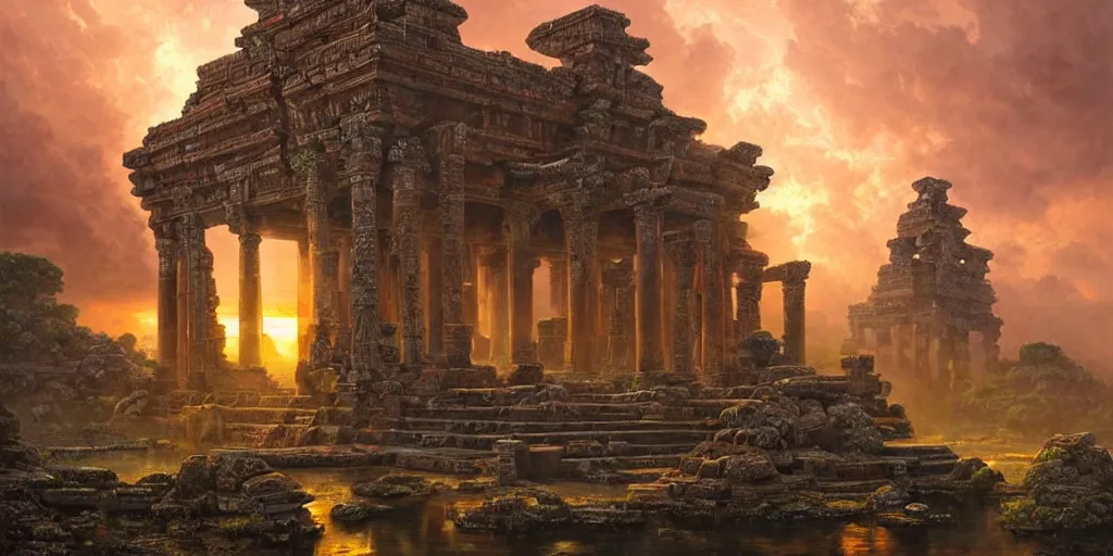 Prompt: beautiful hyperrealistic spectacular painting of the mysterious intricate ruins of the mysterious ancient temple, an advanced technology timemachine with a green - glowing - crystal from the future is inside the temple, by hubert robert and lee madwick and bastien lecouffe - deharme, dramatic sunset lighting, advanced technology