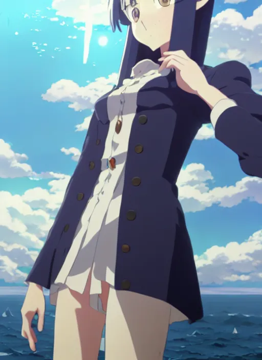 Prompt: portrait of professor maria, azur sky landscape, helm of second world war warship in background, illustration concept art anime key visual trending pixiv fanbox by wlop and greg rutkowski and makoto shinkai and studio ghibli and kyoto animation, symmetrical facial features, astral witch clothes, dieselpunk, gapmoe yandere grimdark, volumetric lighting, backlit