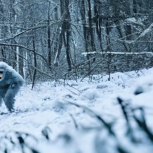 Prompt: cinematic film footage of a yeti running in the forest