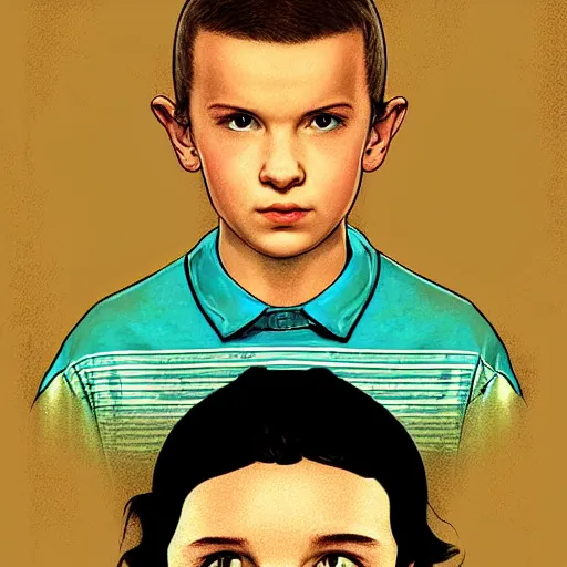 Prompt: beautiful side portait of Eleven from Stranger things by Houston Sharp